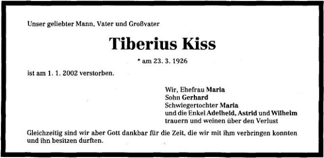 Kiss Tiberius 1926-2002 Todesanzeige